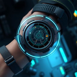 A small, circular tactical HUD display mounted on a wrist