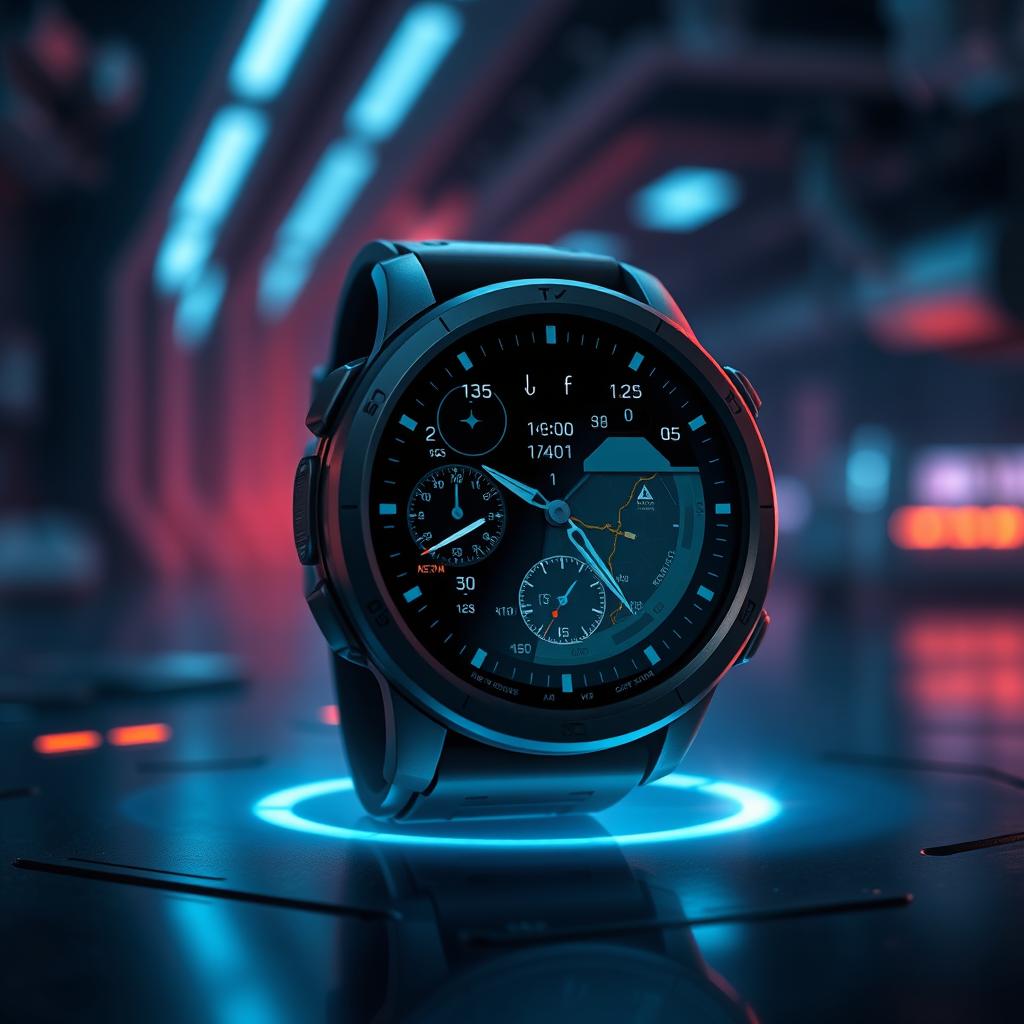 A small, circular tactical HUD designed like a watch, featuring a holographic interface