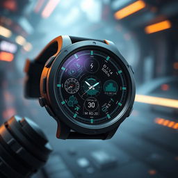 A small, circular tactical HUD designed like a watch, featuring a holographic interface