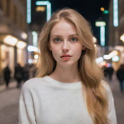 A beautiful lady with a slender body, captivating green eyes, and golden hair. Her complexion is as white as snow, her lips slender and pure. She is alone, emanating introverted vibes, set against the backdrop of a bustling city mall at night-time.