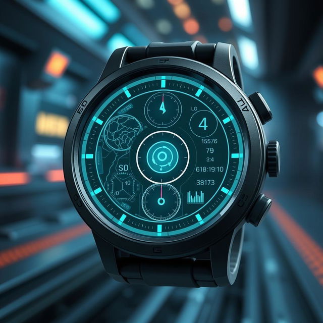 A small, circular tactical HUD designed like a watch, featuring a holographic interface