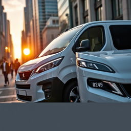 A sleek and modern Peugeot Expert van parked in an urban setting, showcasing its stylish design with a shiny white exterior, emphasizing the angular headlights and dynamic lines