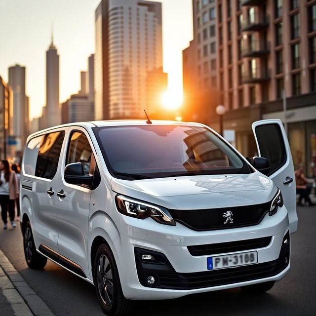 A sleek and modern Peugeot Expert van parked in an urban setting, showcasing its stylish design with a shiny white exterior, emphasizing the angular headlights and dynamic lines