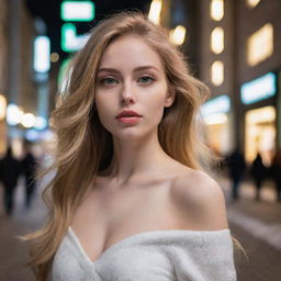 A beautiful lady with a slender body, captivating green eyes, and golden hair. Her complexion is as white as snow, her lips slender and pure. She is alone, emanating introverted vibes, set against the backdrop of a bustling city mall at night-time.