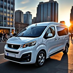 A sleek and modern Peugeot Expert van parked in an urban setting, showcasing its stylish design with a shiny white exterior, emphasizing the angular headlights and dynamic lines