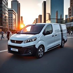 A sleek and modern Peugeot Expert van parked in an urban setting, showcasing its stylish design with a shiny white exterior, emphasizing the angular headlights and dynamic lines