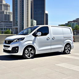 A sleek white Peugeot Expert van parked in an urban environment, showcasing its modern design with sharp lines and a shiny finish