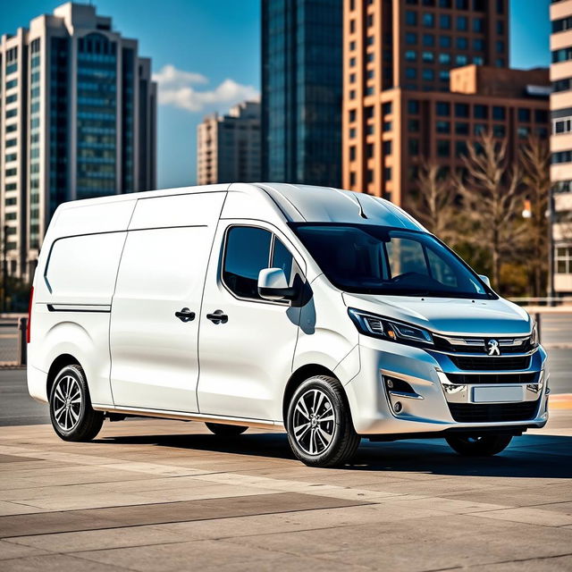 A sleek white Peugeot Expert van parked in an urban environment, showcasing its modern design with sharp lines and a shiny finish