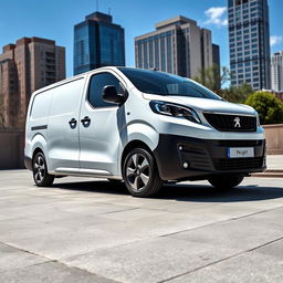 A sleek white Peugeot Expert van parked in an urban environment, showcasing its modern design with sharp lines and a shiny finish