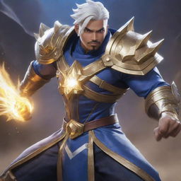 A dynamic and detailed image of Harith, a hero character from the game Mobile Legends, in his full battle gear, wielding his glowing staff.