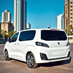 A sleek white Peugeot Expert van parked in an urban environment, showcasing its modern design with sharp lines and a shiny finish