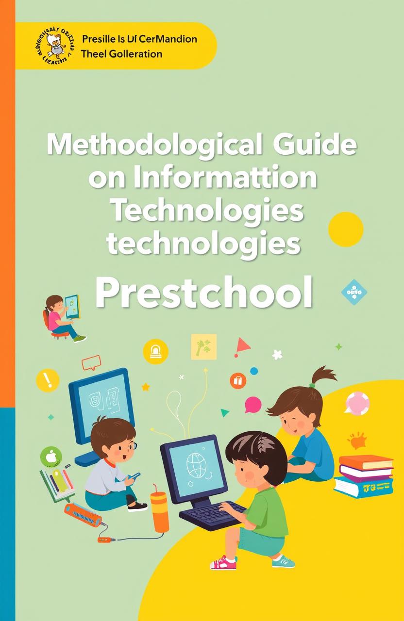 A visually engaging educational cover for a methodological guide on information technology in preschool education, featuring playful and colorful elements like computers, young children interacting with technology, and educational icons such as books and gadgets