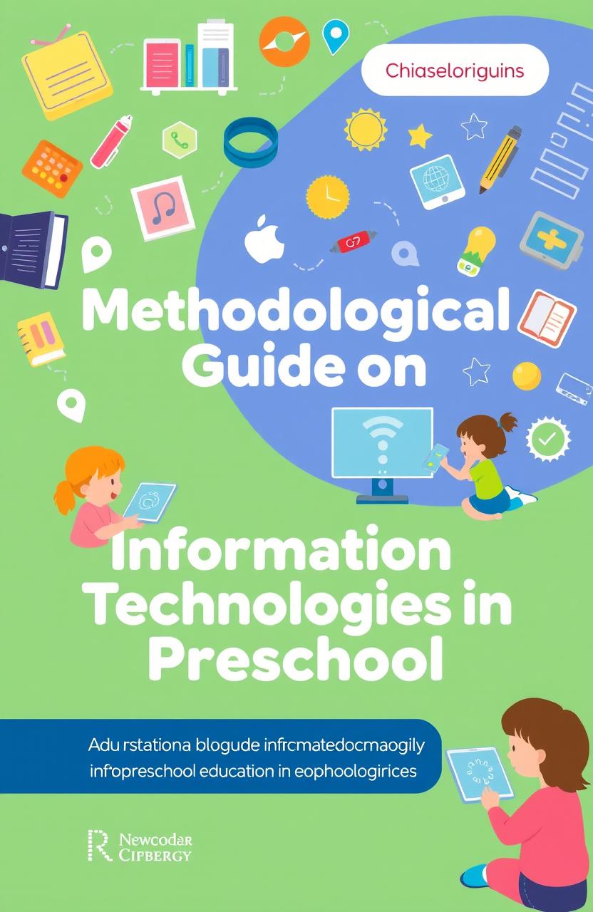 A visually engaging educational cover for a methodological guide on information technology in preschool education, featuring playful and colorful elements like computers, young children interacting with technology, and educational icons such as books and gadgets