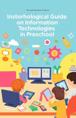 A visually engaging educational cover for a methodological guide on information technology in preschool education, featuring playful and colorful elements like computers, young children interacting with technology, and educational icons such as books and gadgets