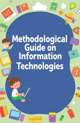 A visually engaging educational cover for a methodological guide on information technology in preschool education, featuring playful and colorful elements like computers, young children interacting with technology, and educational icons such as books and gadgets