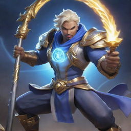 A dynamic and detailed image of Harith, a hero character from the game Mobile Legends, in his full battle gear, wielding his glowing staff.