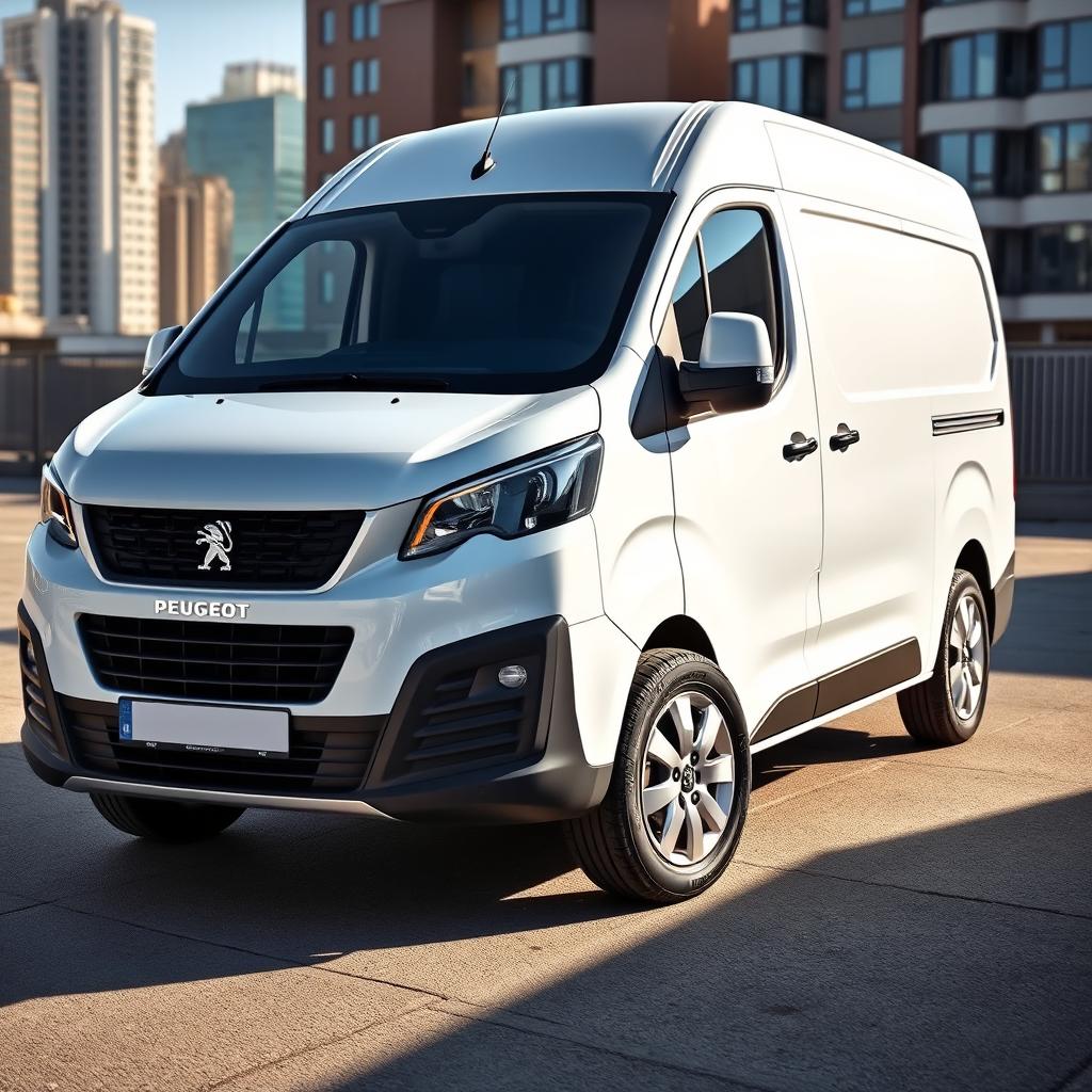 A sleek white Peugeot Expert industrial van, showcasing its modern and aerodynamic design