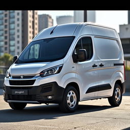 A sleek white Peugeot Expert industrial van, showcasing its modern and aerodynamic design