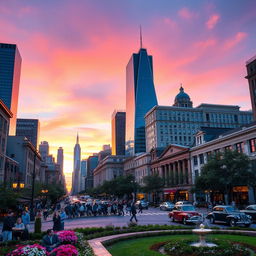 A vibrant cityscape at sunset, showcasing a blend of modern skyscrapers and historical architecture