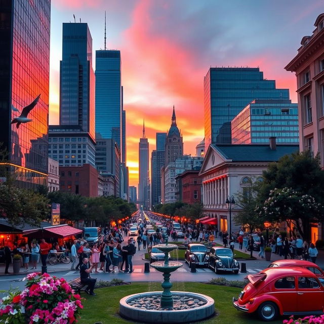 A vibrant cityscape at sunset, showcasing a blend of modern skyscrapers and historical architecture