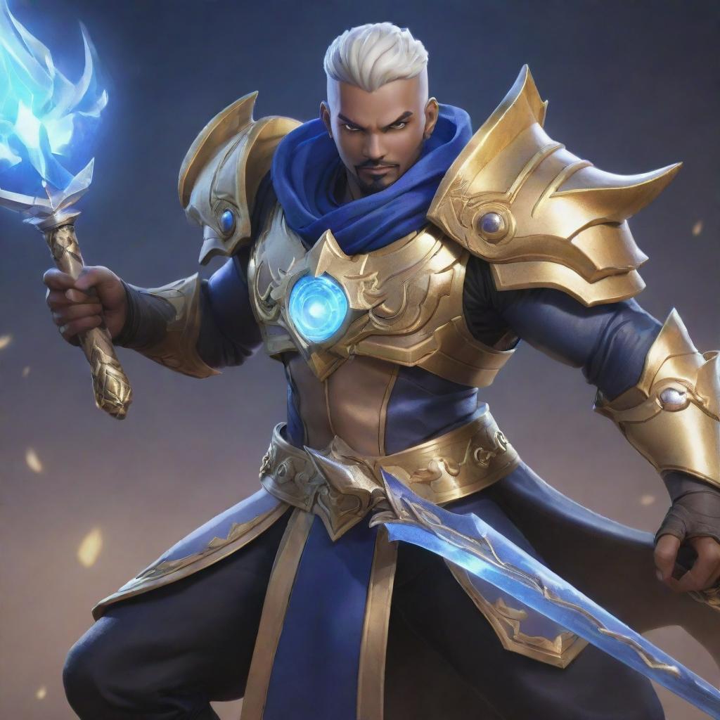 A dynamic and detailed image of Harith, a hero character from the game Mobile Legends, in his full battle gear, wielding his glowing staff.