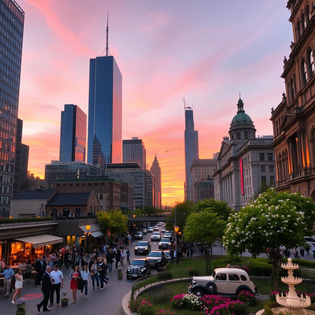 A vibrant cityscape at sunset, showcasing a blend of modern skyscrapers and historical architecture