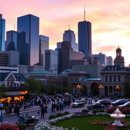 A vibrant cityscape at sunset, showcasing a blend of modern skyscrapers and historical architecture