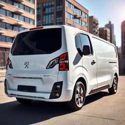 A sleek white Peugeot Expert industrial van, showcasing its modern and aerodynamic design