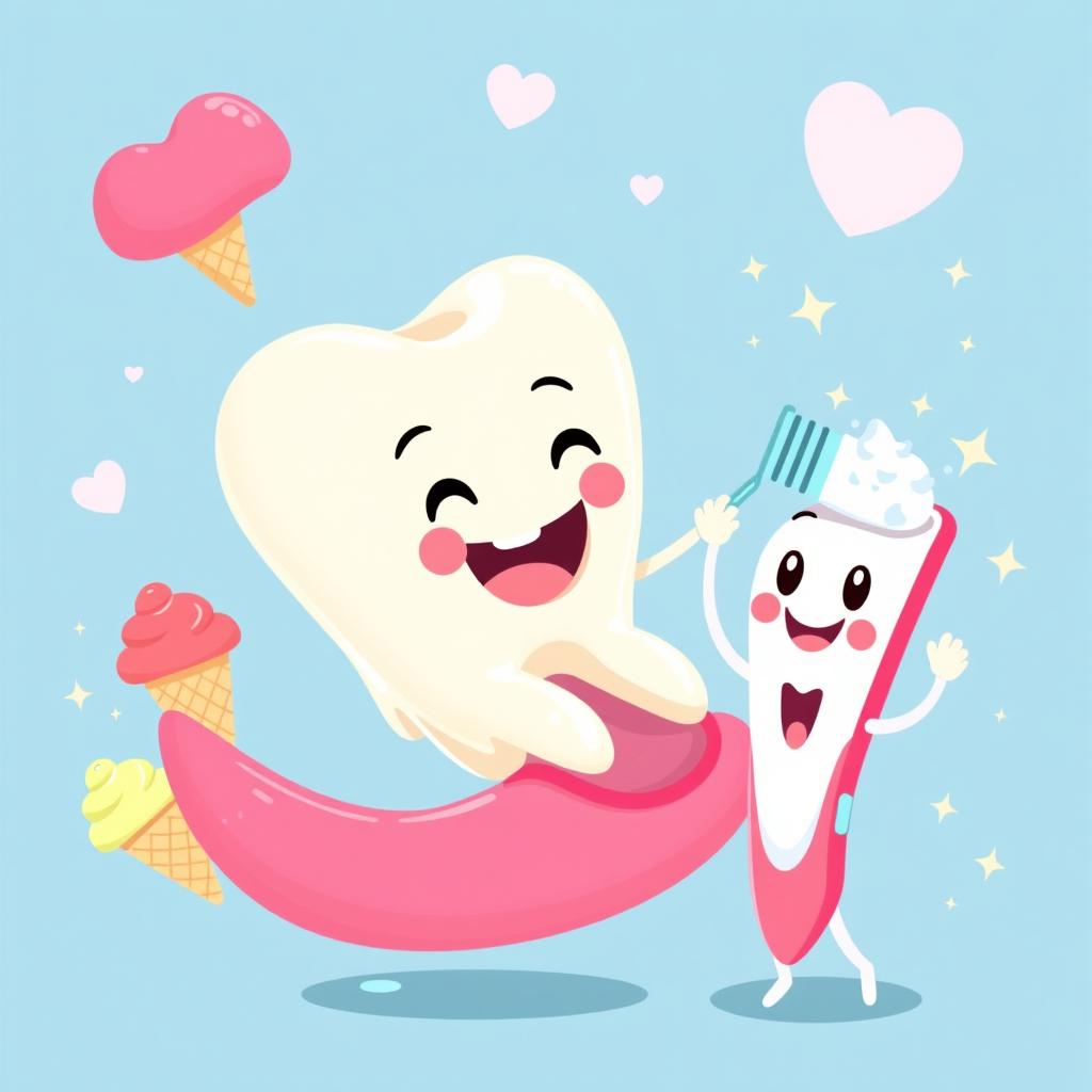 A whimsical illustration of a cute anthropomorphic tooth named Dientecito, who has a cheerful face and tiny limbs