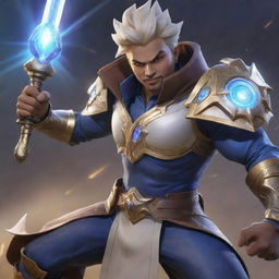 A dynamic and detailed image of Harith, a hero character from the game Mobile Legends, in his full battle gear, wielding his glowing staff.