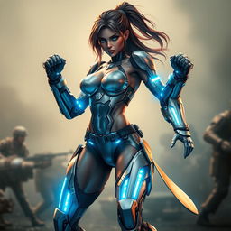 A dynamic character showcasing sleek cybernetic enhancements integrated into her arms and legs, featuring shiny metallic plating and illuminated visible circuitry that glows with a vibrant, electric blue light