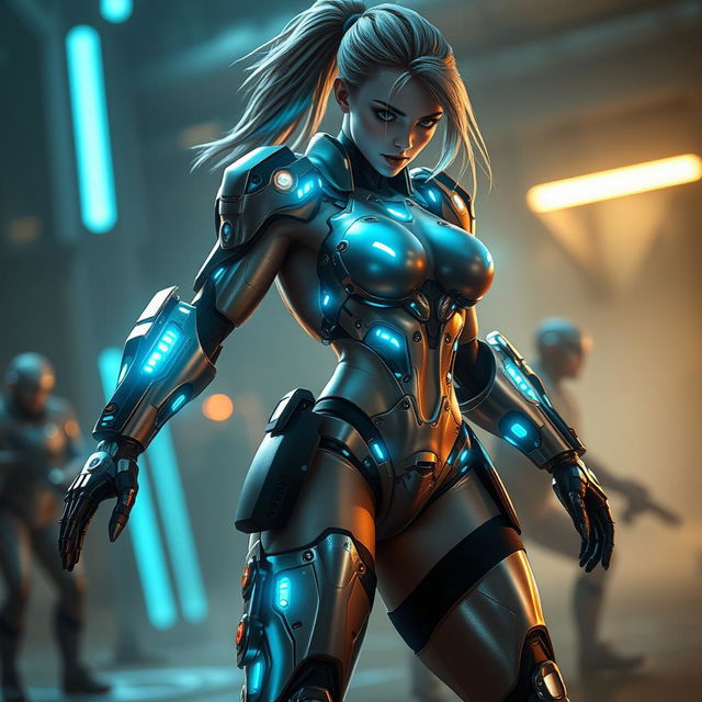 A dynamic character showcasing sleek cybernetic enhancements integrated into her arms and legs, featuring shiny metallic plating and illuminated visible circuitry that glows with a vibrant, electric blue light