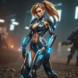 A dynamic character showcasing sleek cybernetic enhancements integrated into her arms and legs, featuring shiny metallic plating and illuminated visible circuitry that glows with a vibrant, electric blue light