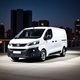 A sleek white Peugeot Expert industrial van, positioned prominently in the scene to showcase its modern design and features