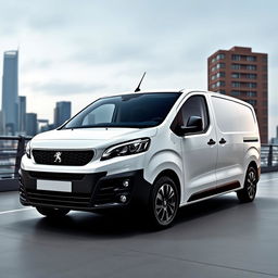 A sleek white Peugeot Expert industrial van, positioned prominently in the scene to showcase its modern design and features