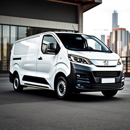 A sleek white Peugeot Expert industrial van, positioned prominently in the scene to showcase its modern design and features