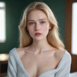 A beautiful lady with a slender body, vibrant green eyes, golden hair, white as snow skin, and slender lips exuding introvert vibes in a room filled with loneliness. Render the image at 0.5 intensity.