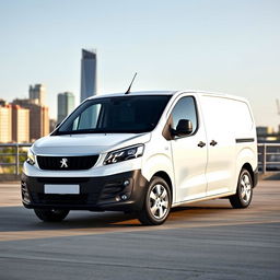 A sleek white Peugeot Expert industrial van, positioned prominently in the scene to showcase its modern design and features