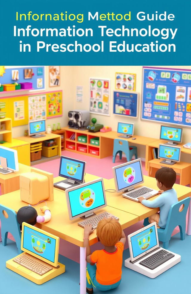 An educational methodology guide focused on information technology in preschool education, featuring vibrant and engaging 3D illustrations of computers and digital devices