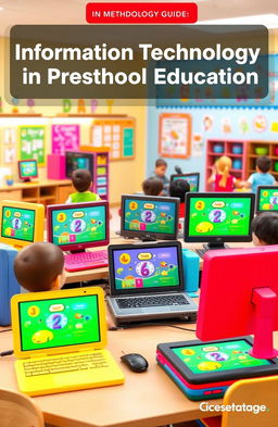 An educational methodology guide focused on information technology in preschool education, featuring vibrant and engaging 3D illustrations of computers and digital devices