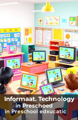 An educational methodology guide focused on information technology in preschool education, featuring vibrant and engaging 3D illustrations of computers and digital devices