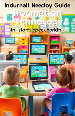 An educational methodology guide focused on information technology in preschool education, featuring vibrant and engaging 3D illustrations of computers and digital devices