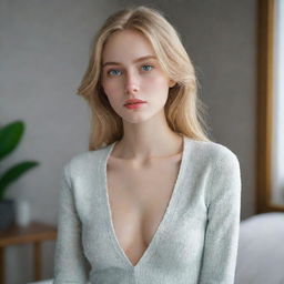 A beautiful lady with a slender body, vibrant green eyes, golden hair, white as snow skin, and slender lips exuding introvert vibes in a room filled with loneliness. Render the image at 0.5 intensity.