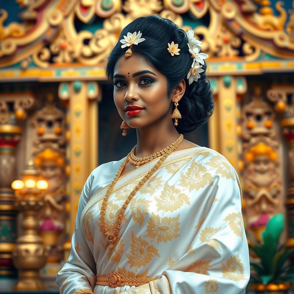 A beautiful depiction of Sri Lankan traditional attire, featuring a Sinhalese bride in a luxurious white silk saree adorned with intricate gold embroidery