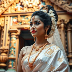 A beautiful depiction of Sri Lankan traditional attire, featuring a Sinhalese bride in a luxurious white silk saree adorned with intricate gold embroidery