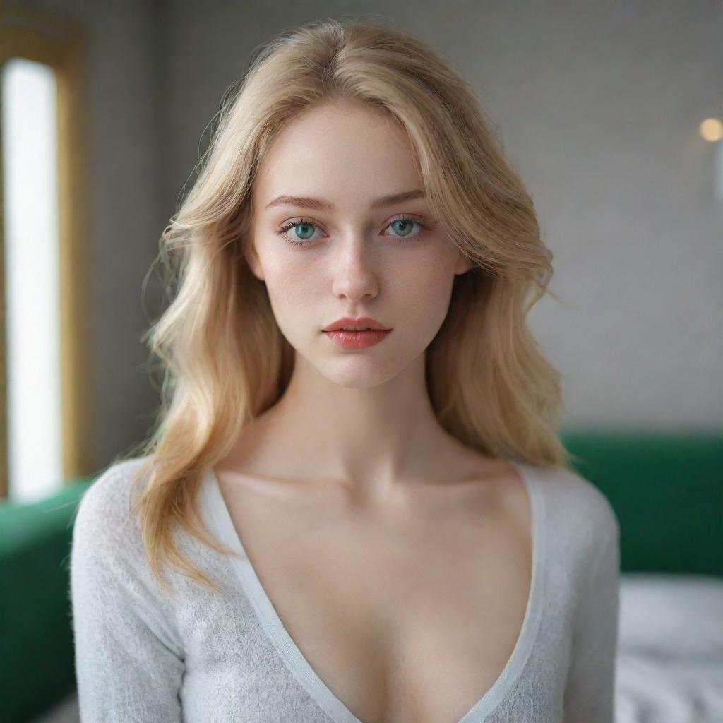 A beautiful lady with a slender body, vibrant green eyes, golden hair, white as snow skin, and slender lips exuding introvert vibes in a room filled with loneliness. Render the image at 0.5 intensity.