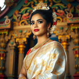 A beautiful depiction of Sri Lankan traditional attire, featuring a Sinhalese bride in a luxurious white silk saree adorned with intricate gold embroidery