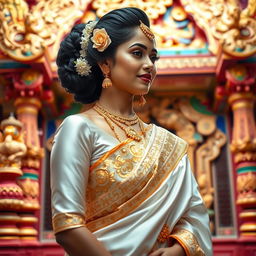 A beautiful depiction of Sri Lankan traditional attire, featuring a Sinhalese bride in a luxurious white silk saree adorned with intricate gold embroidery