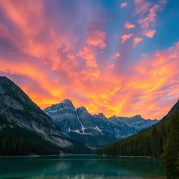 A dramatic landscape featuring a rugged mountain range under a vibrant sunset sky, with clouds painted in shades of orange, pink, and purple