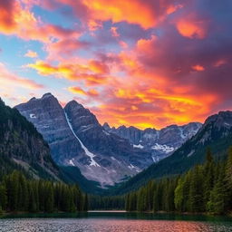 A dramatic landscape featuring a rugged mountain range under a vibrant sunset sky, with clouds painted in shades of orange, pink, and purple